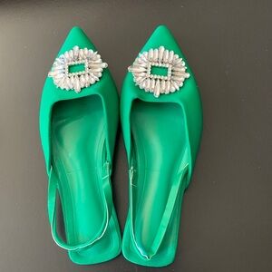 Emerald Green Pointed Slingback Flats with Crystal Buckle